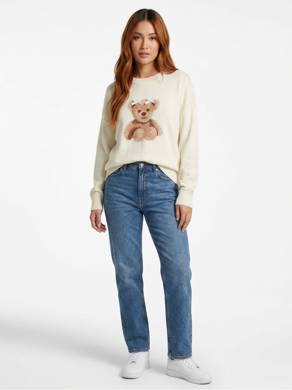 NWT Sincerely Jules Cream Knit Sweater & Brown Teddy Bear Graphic Sz XL Cotton